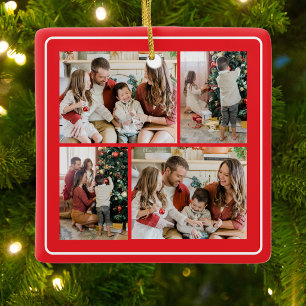 Merry Christmas Red 4 Photo Collage  Ceramic Ornament