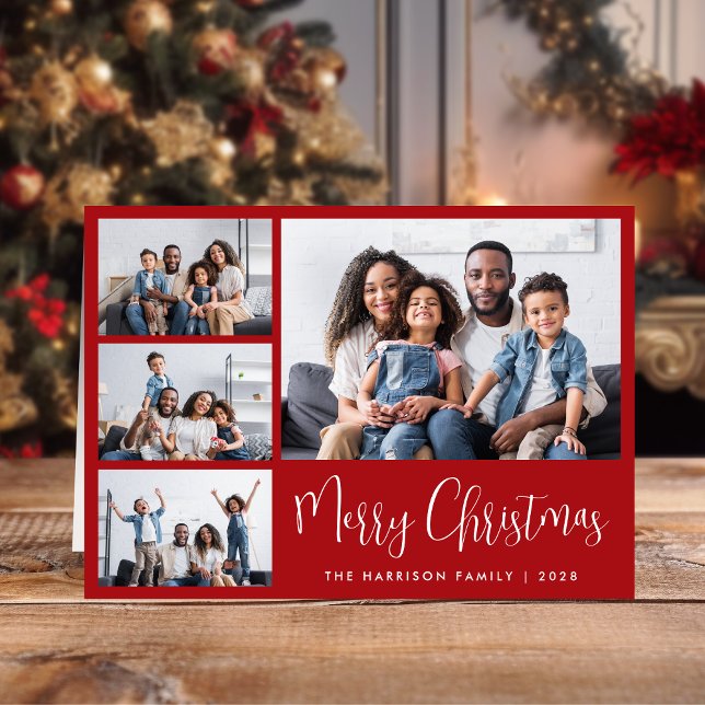Merry Christmas Red 4 Photo Holiday Card (Share the love and warmth of the season with a personalized 4 photo Christmas card)
