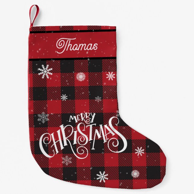 Merry Christmas Red and Black Buffalo Plaid Snowy  Small Christmas Stocking (Front)