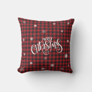 Merry Christmas Red and Black Buffalo Plaid Snowy Throw Pillow