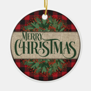 Merry Christmas Red and Black Plaid Double Sided Ceramic Ornament