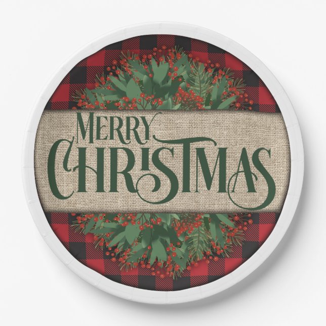 Merry Christmas Red and Black Plaid Paper Plates (Front)