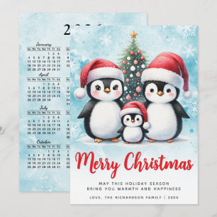 Merry Christmas Red and Blue Cute Penguin Family Holiday Card