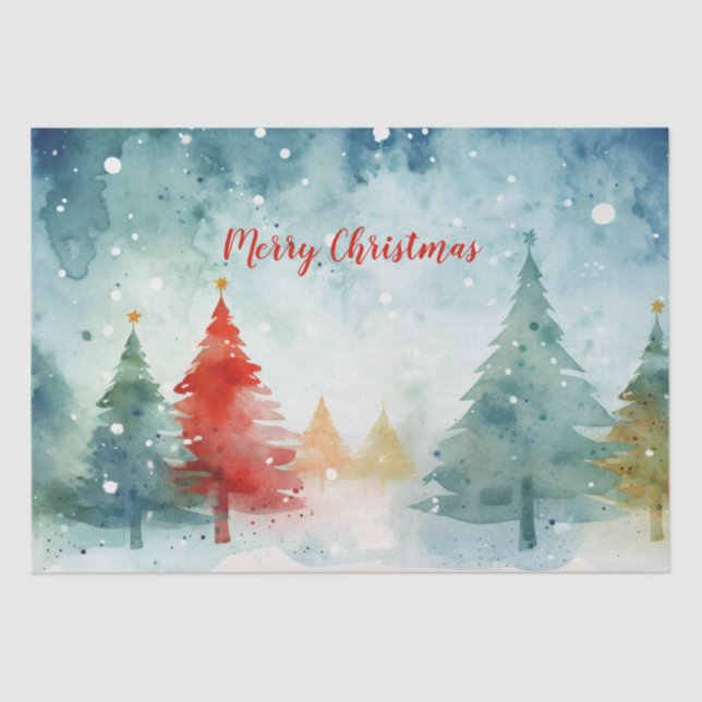 "Merry Christmas" Red and Colourful Pine Trees Tissue Paper (Front)