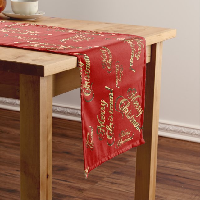 Merry Christmas Red And Faux Gold Foil Typography Long Table Runner (In Situ)