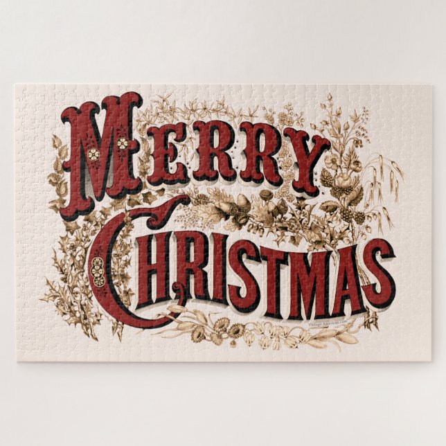 Merry Christmas - Red and Gold Postcard Jigsaw Puzzle (Horizontal)