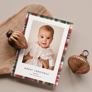 Merry Christmas Red and Green Cozy Plaid Photo Holiday Card