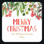Merry Christmas Red And Green Family Square Sticker<br><div class="desc">Merry Christmas berries personalized family stickers.</div>