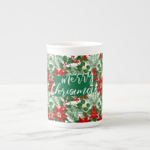 Merry Christmas, Red and Green Flora Pattern, Bone China Mug