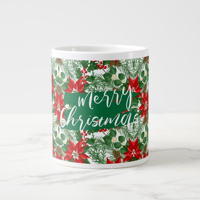 Merry Christmas, Red and Green Flora Pattern, Large Coffee Mug (Front)