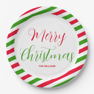 Merry Christmas Red And Green Holiday Party Name Paper Plate