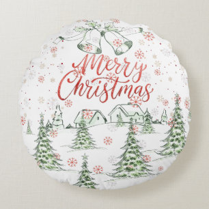 Merry Christmas Red and Green Snowy Trees Round Pillow