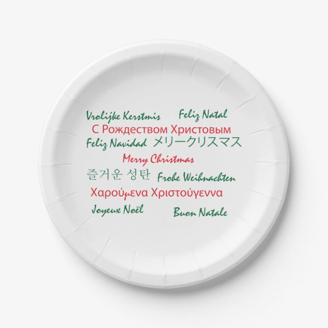 Merry Christmas Red and Green Text Many Languages Paper Plate (Front)