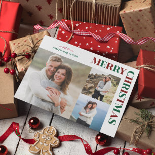 Merry Christmas Red and Green Typography 3 Photos Holiday Card