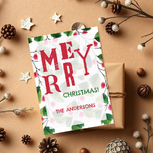 Merry Christmas Red And Green Watercolor Wreath Holiday Card