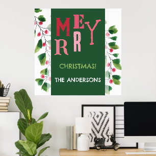 Merry Christmas Red And Green Watercolor Wreath Poster