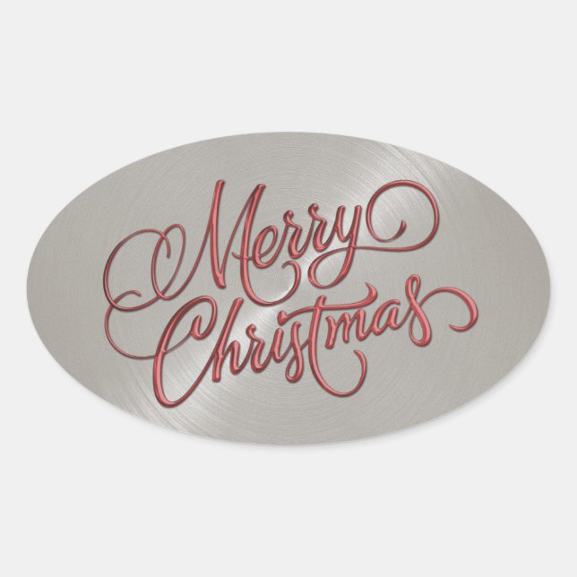 Merry Christmas Red and Grey Embossed Look Oval Sticker (Front)