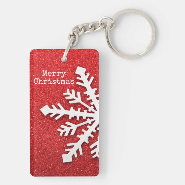 Merry Christmas Red and White Snowflake Keychain (Back)