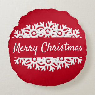 Merry Christmas red and white snowflake Round Pillow