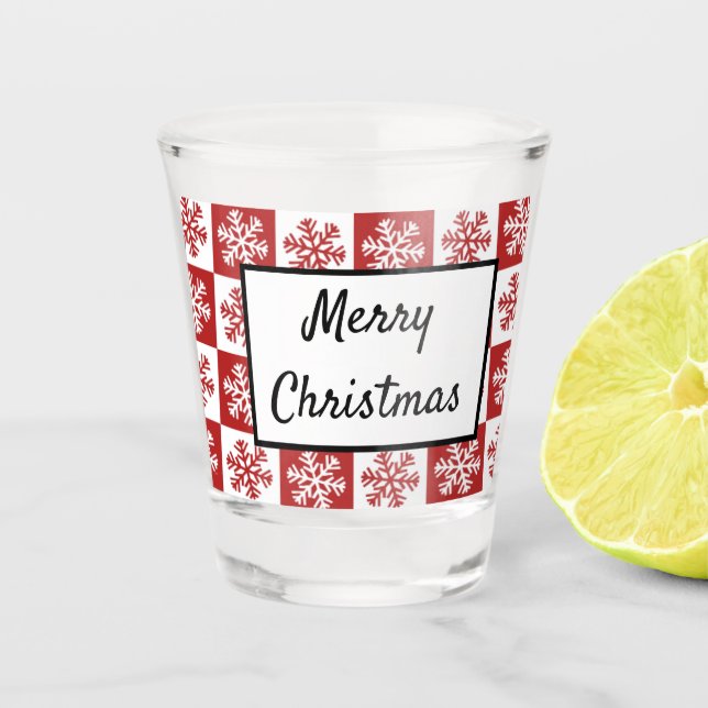 Merry Christmas Red and White Snowflake Shot Glass (Front)