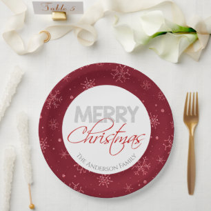Merry Christmas Red and White Snowflakes Paper Plate