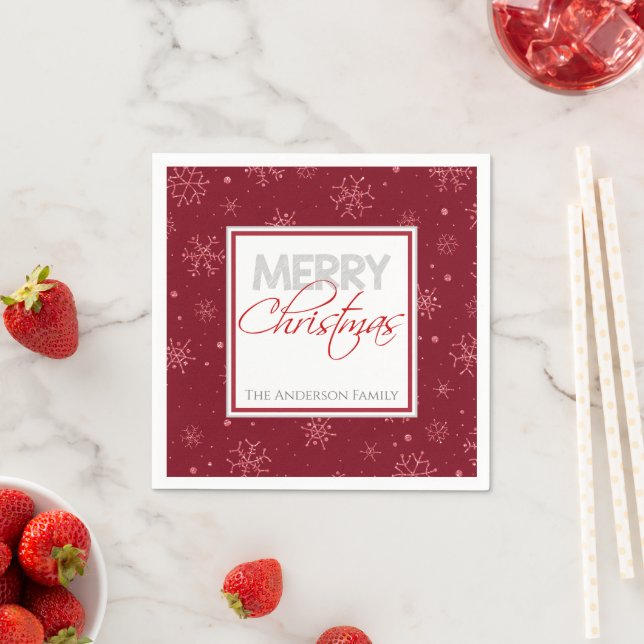Merry Christmas | Red and White Snowflakes Party Napkin (Insitu)