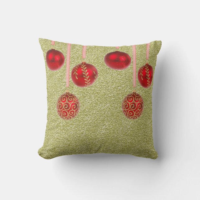 Merry Christmas Red Baubles Glitter Gold Pillow (Front)