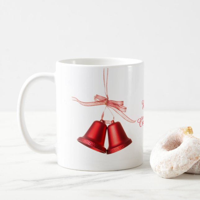 Merry Christmas Red Bell decoration with text Coffee Mug (With Donut)