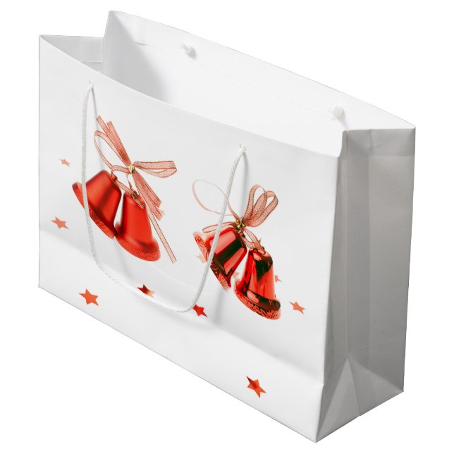 Merry Christmas Red Bells decoration with text Large Gift Bag (Front Angled)