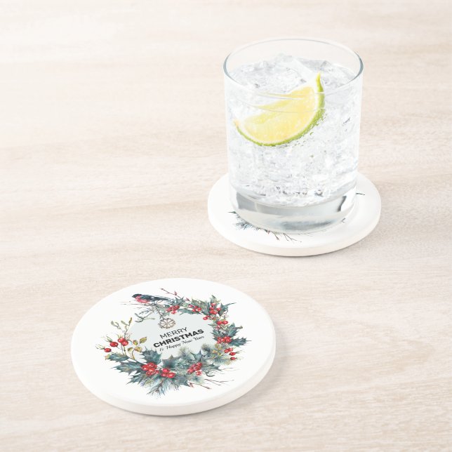 Merry Christmas-Red Berries & Bullfinch Coaster (Side)