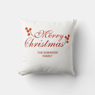 Merry Christmas Red Berries Holiday Throw Pillow