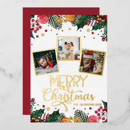 Merry Christmas Red Berries Holly Photo Collage  Foil Holiday Card