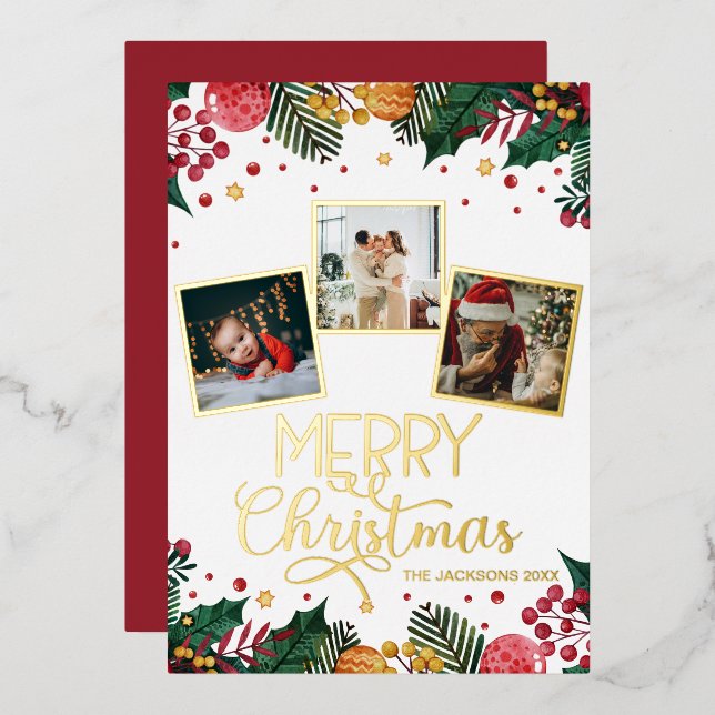 Merry Christmas Red Berries Holly Photo Collage  Foil Holiday Card (Front/Back)