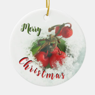 Merry Christmas Red Berries out of Snow Ornament