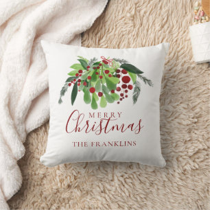 Merry Christmas Red Berries Personalized Family Throw Pillow