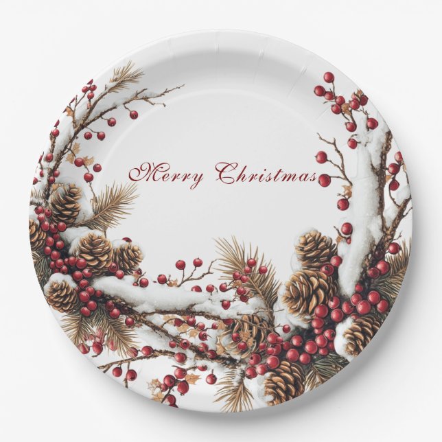 Merry Christmas Red Berries Pine Cones Snow Paper Plate (Front)