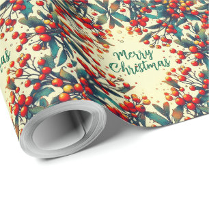 Merry Christmas Red berries Vintage Mistletoe  Wrapping Paper