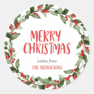 Merry Christmas Red Berry Script Wreath Classic Round Sticker