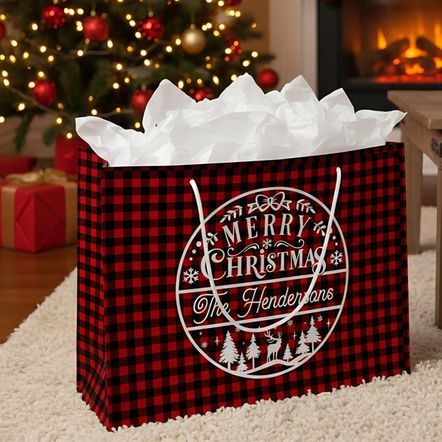 Merry Christmas Red & Black Buffalo Plaid Custom Large Gift Bag (Creator Uploaded)