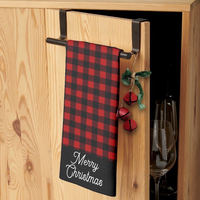 Merry Christmas Red & Black Buffalo Plaid Kitchen Towel (Creator Uploaded)