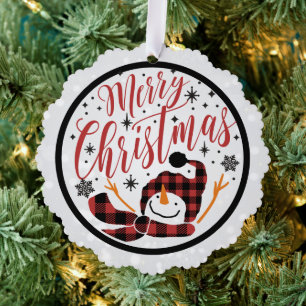 Merry Christmas Red Black Buffalo Plaid Snowman Ornament Card