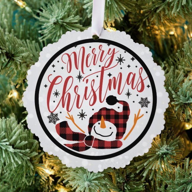 Merry Christmas Red Black Buffalo Plaid Snowman Ornament Card (Insitu (Tree))