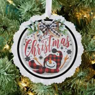 Merry Christmas Red Black Buffalo Plaid Snowman Ornament Card