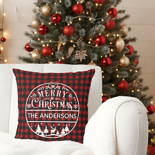 Merry Christmas Red & Black Plaid Custom Name Throw Pillow