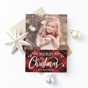 Merry Christmas Red Black Plaid Photo Card