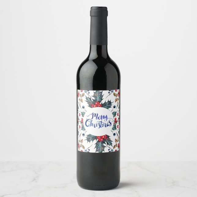 Merry Christmas- Red Blue Holly Berries Pattern Wine Label (Front)