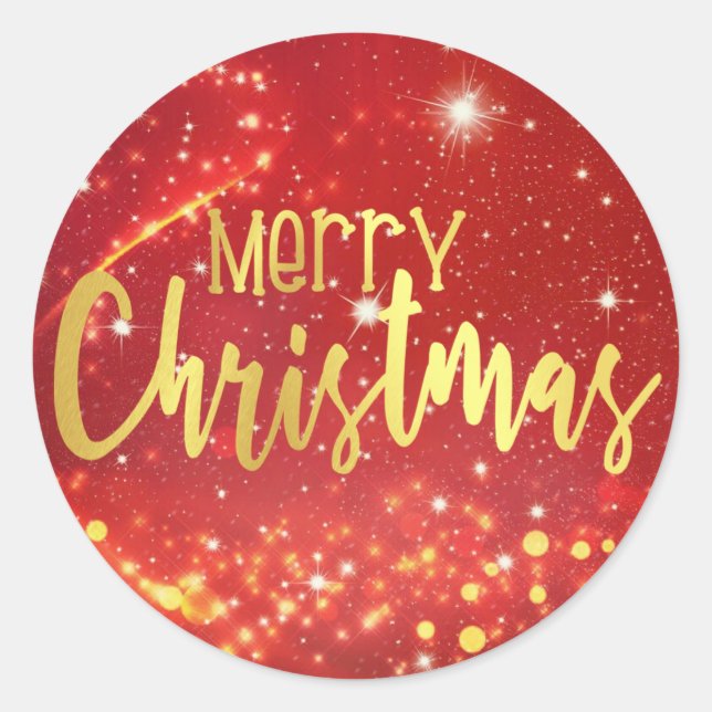Merry Christmas, Red Bokeh, Gold and White Lights Classic Round Sticker (Front)
