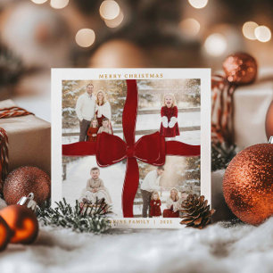 Merry Christmas Red Bow 4 Photo Holiday Card
