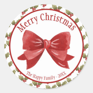 Merry Christmas Red Bow Botanical Berries Classic Round Sticker