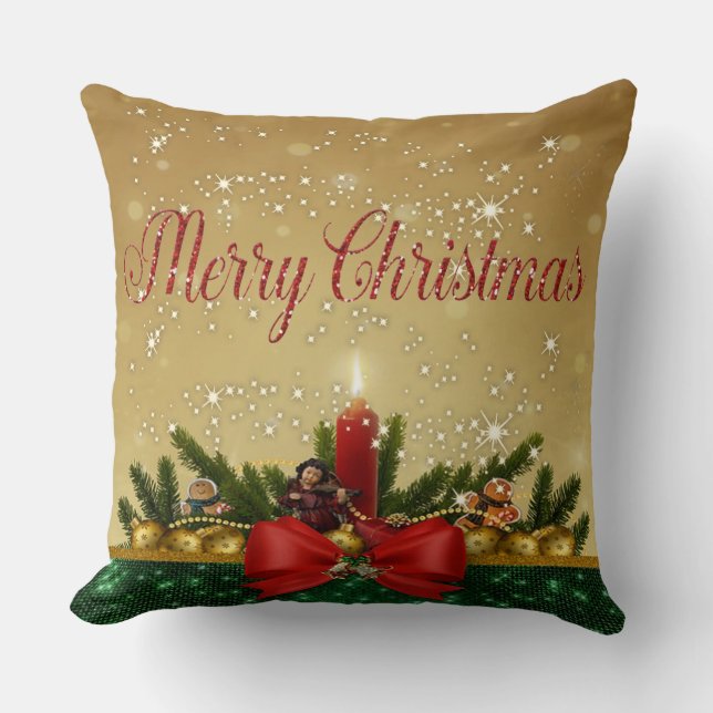 Merry Christmas,Red Bow Candle,Pine Tree Branches Throw Pillow (Front)